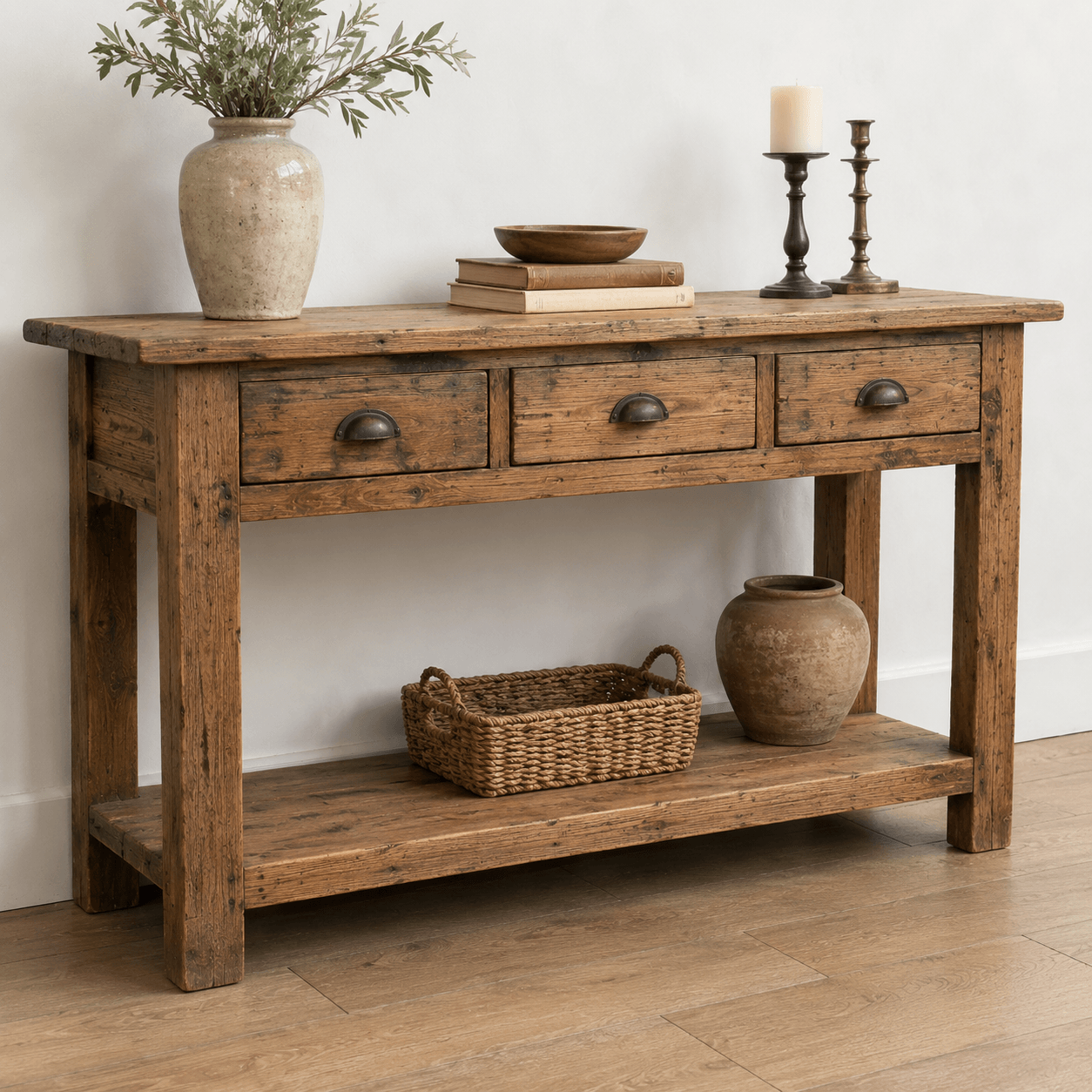Wooden console table with decorative items against a white wall