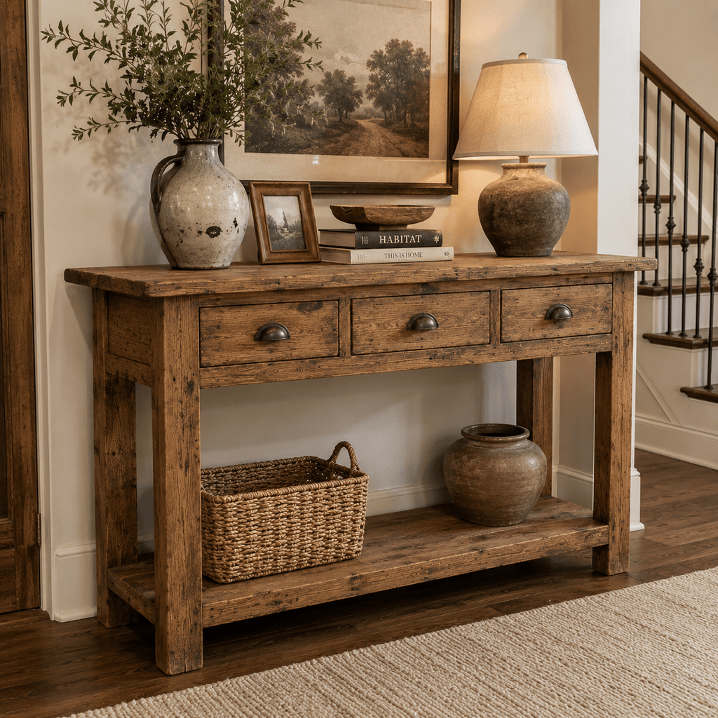 Wooden console table with decorative items in a room setting