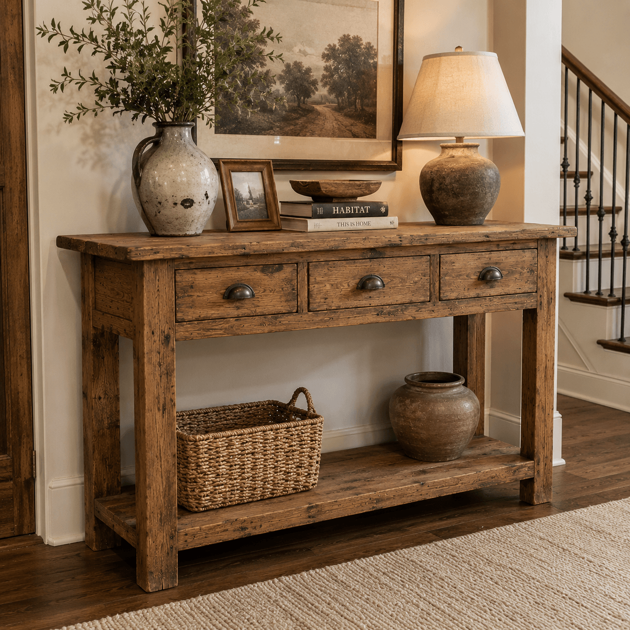 Wooden console table with decorative items in a room setting