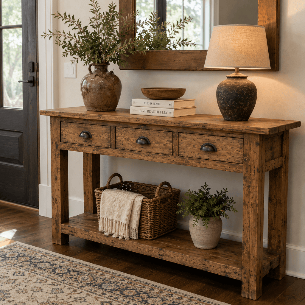Wooden console table with decorative items in a home setting