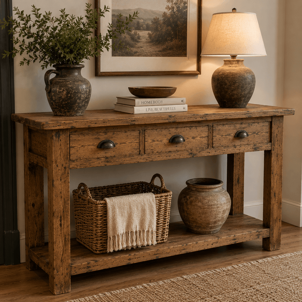 Wooden console table with decorative items in a room setting