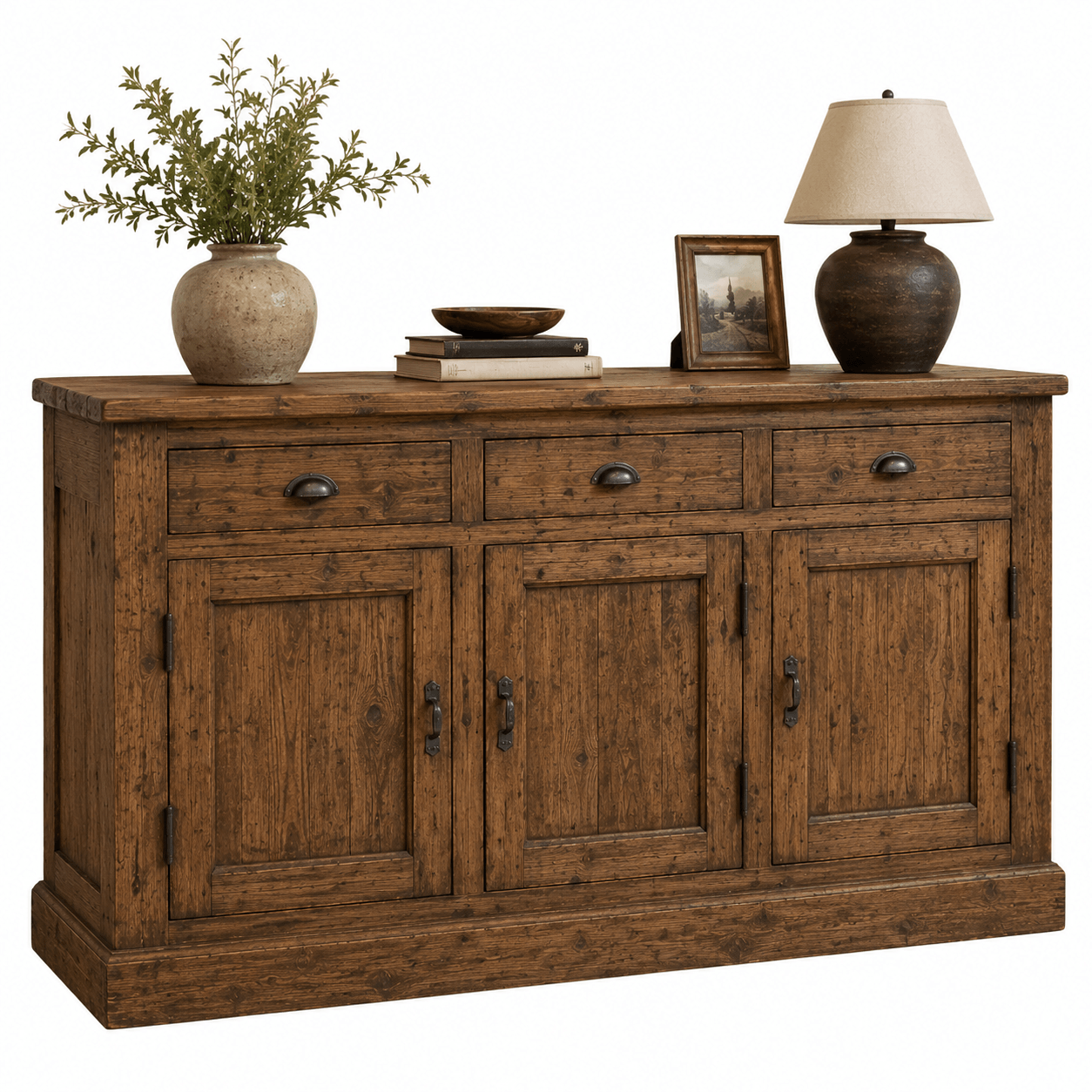 Vintage Elm Wood Sideboard Cabinet – Rustic Farmhouse Buffet Storage Console