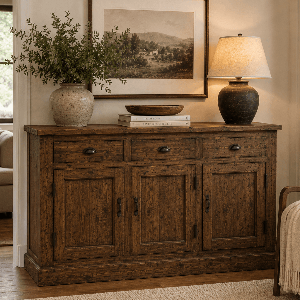 Vintage Elm Wood Sideboard Cabinet – Rustic Farmhouse Buffet Storage Console