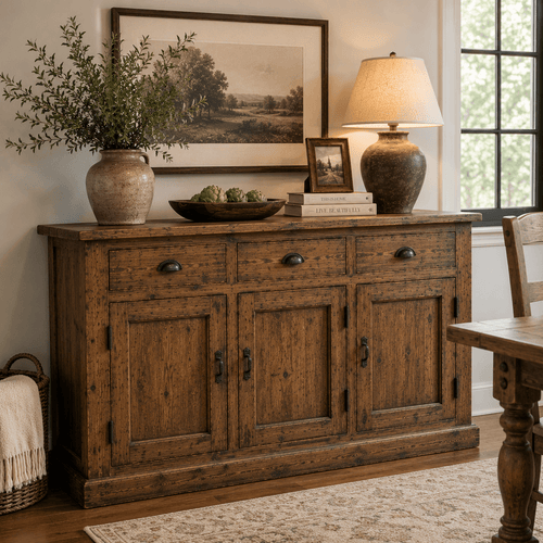 Vintage Elm Wood Sideboard Cabinet – Rustic Farmhouse Buffet Storage Console