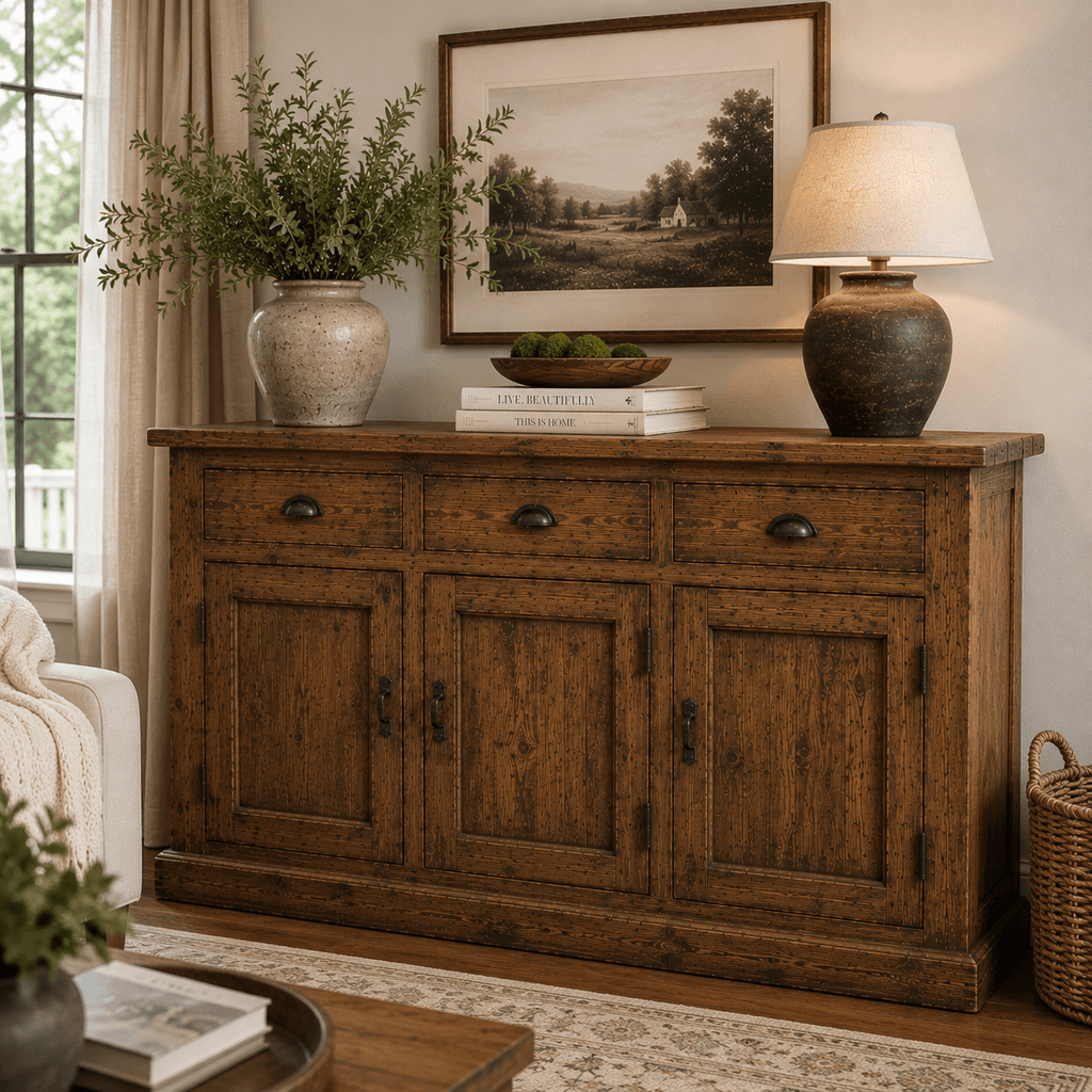 Vintage Elm Wood Sideboard Cabinet – Rustic Farmhouse Buffet Storage Console
