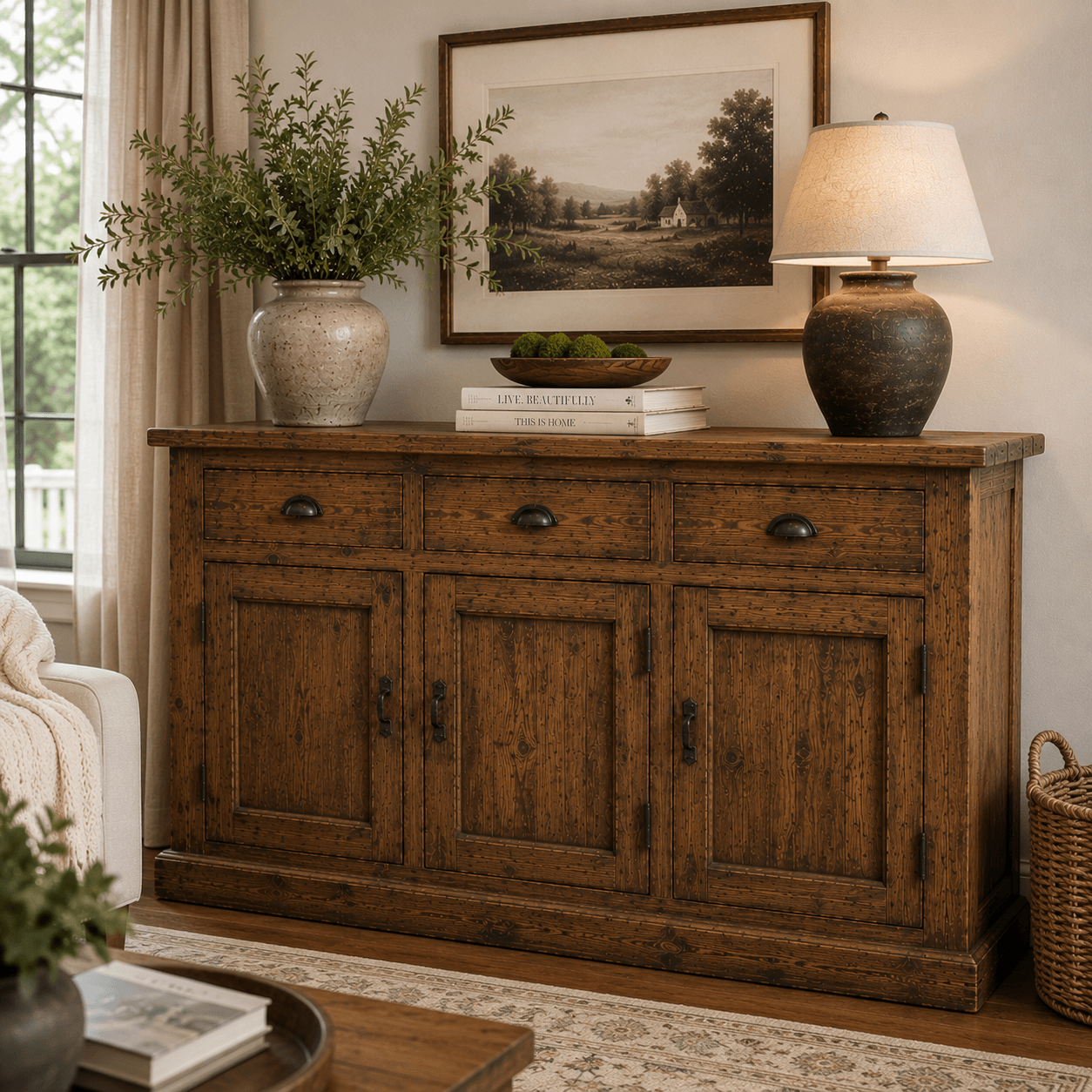 Vintage Elm Wood Sideboard Cabinet – Rustic Farmhouse Buffet Storage Console
