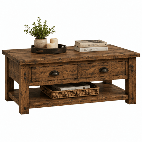 Wooden coffee table with decorative items on a white background