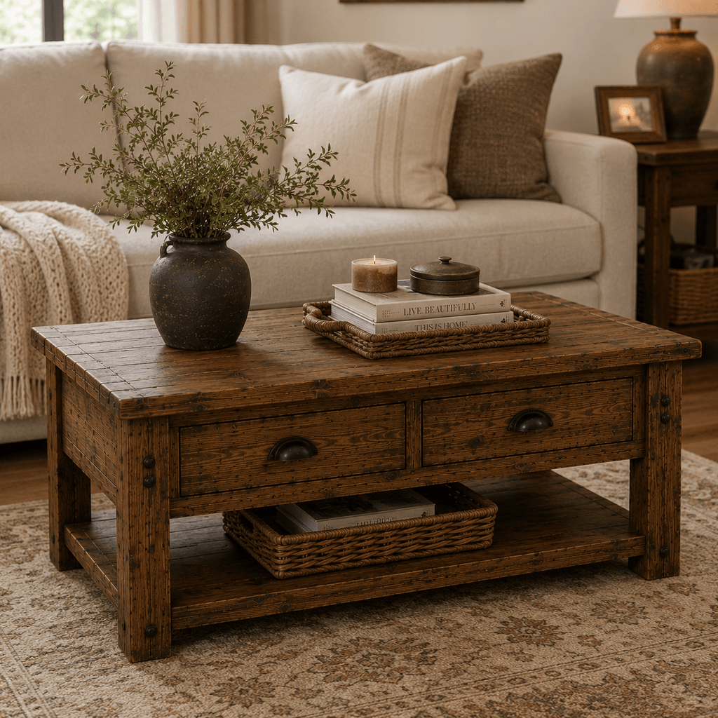 Wooden coffee table with decorative items in a living room setting