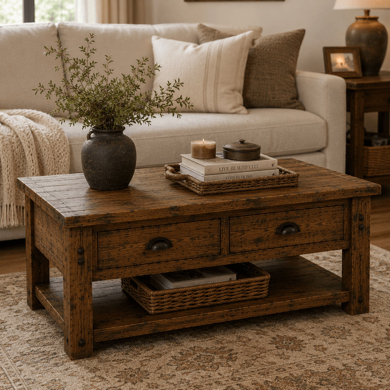 Wooden coffee table with decorative items in a living room setting