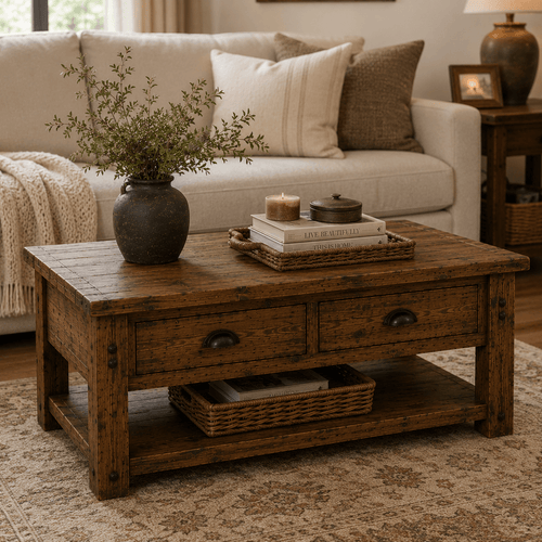 Wooden coffee table with decorative items in a living room setting