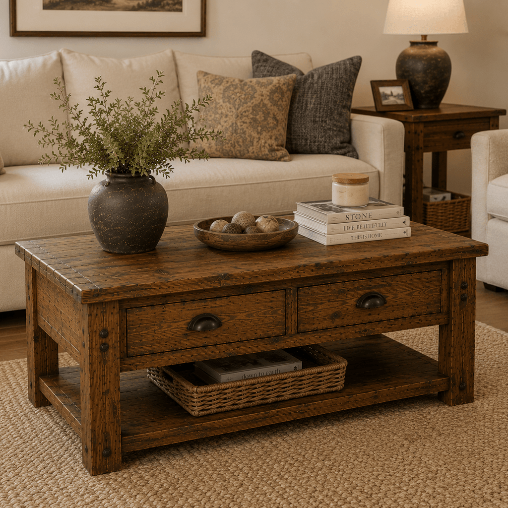 Wooden coffee table with decorative items in a living room setting