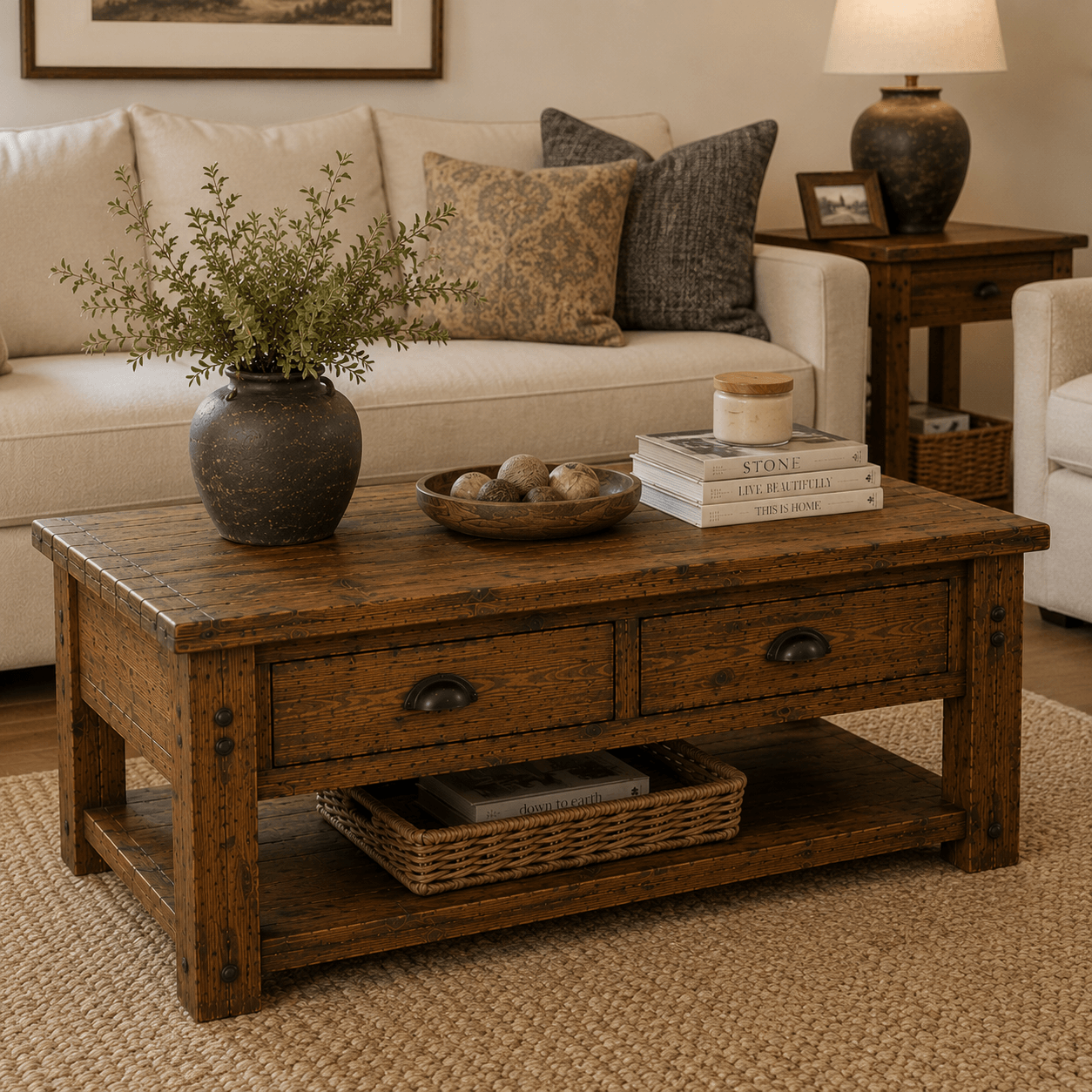 Wooden coffee table with decorative items in a living room setting