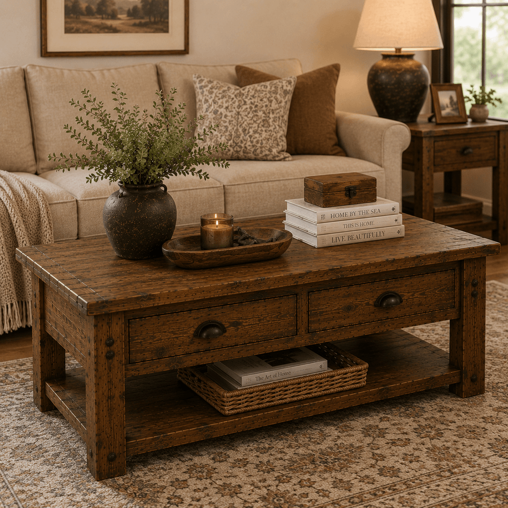 Living room with a wooden coffee table, beige sofa, and decorative items.