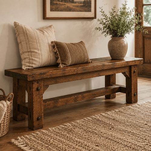 Wooden bench with pillows and a vase of plants in a room with a painting on the wall.