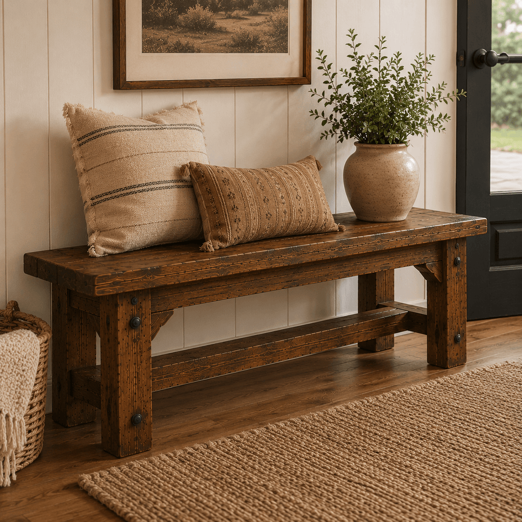 Wooden bench with pillows and a vase of plants in a room with a painting on the wall.