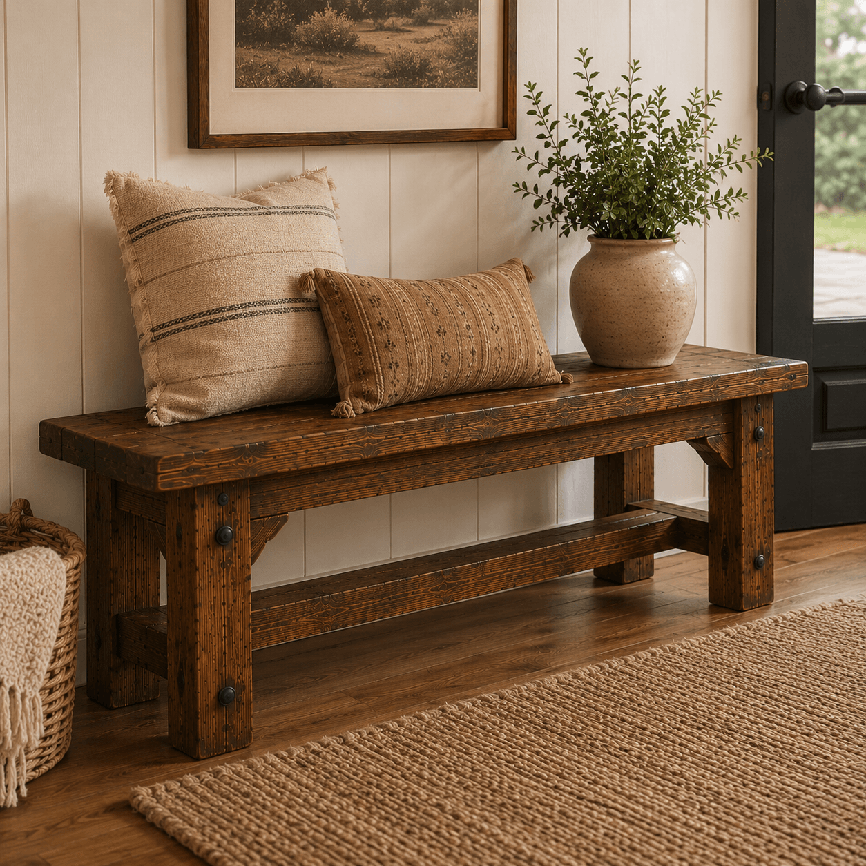 Wooden bench with pillows and a vase of plants in a room with a painting on the wall.