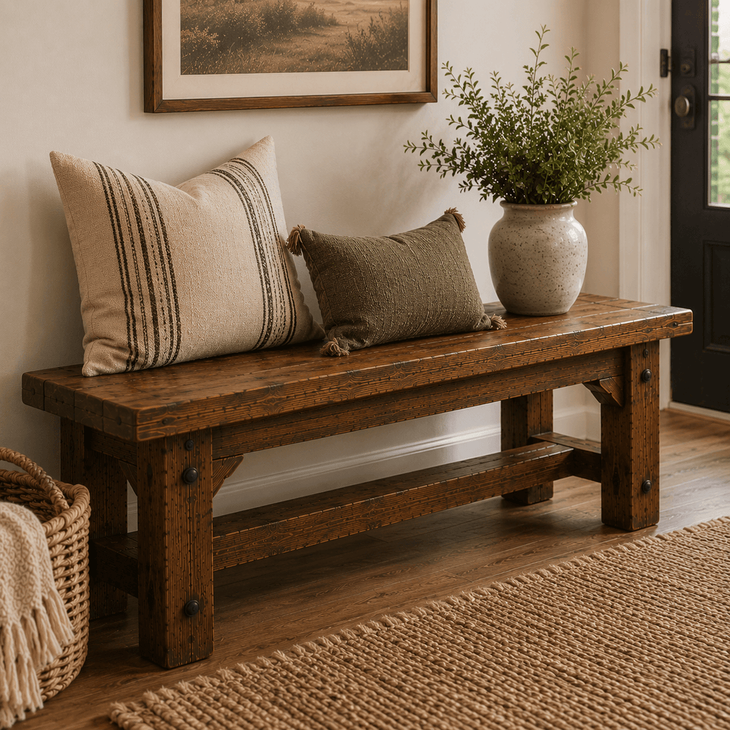 Wooden bench with pillows and a vase of plants in a home setting