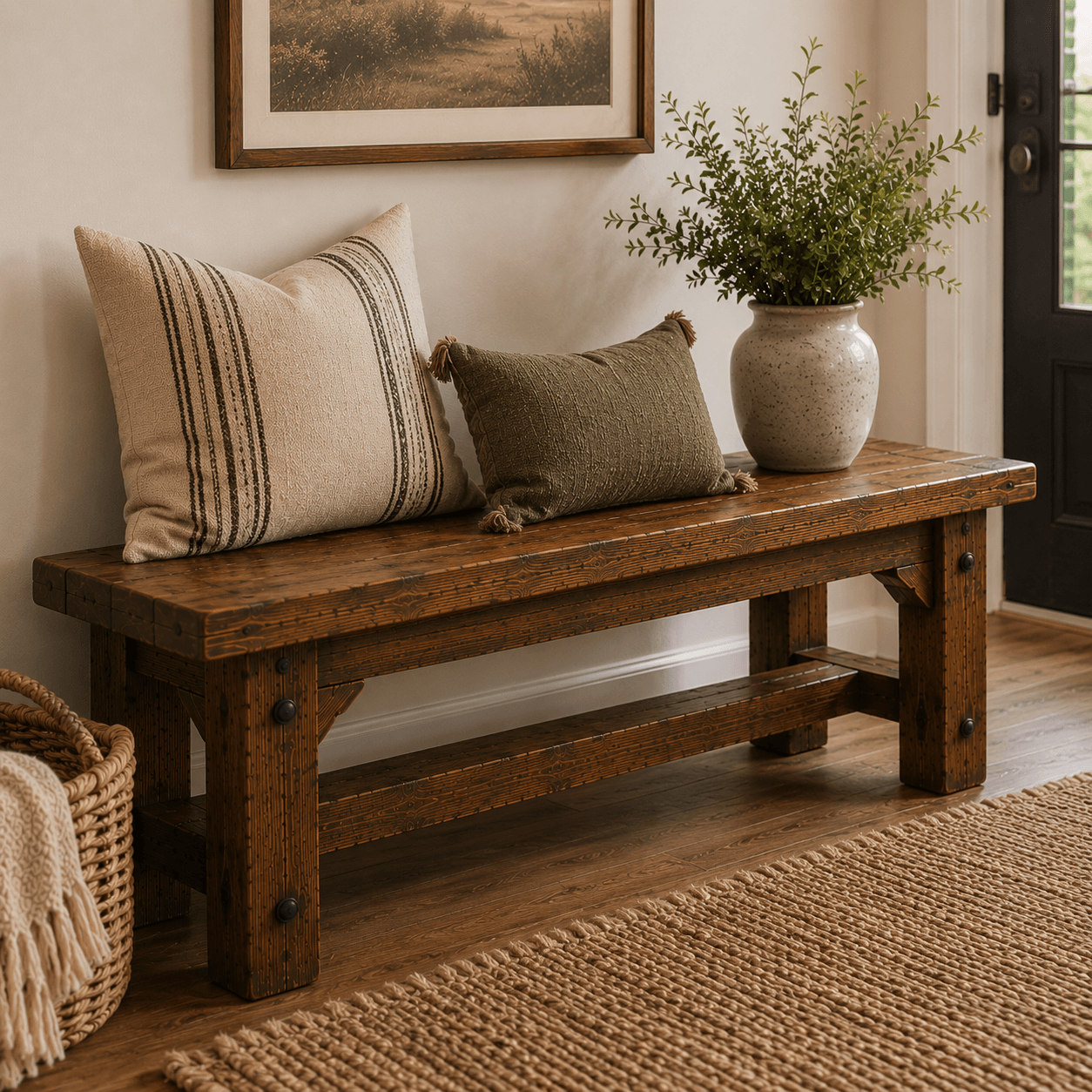 Wooden bench with pillows and a vase of plants in a home setting