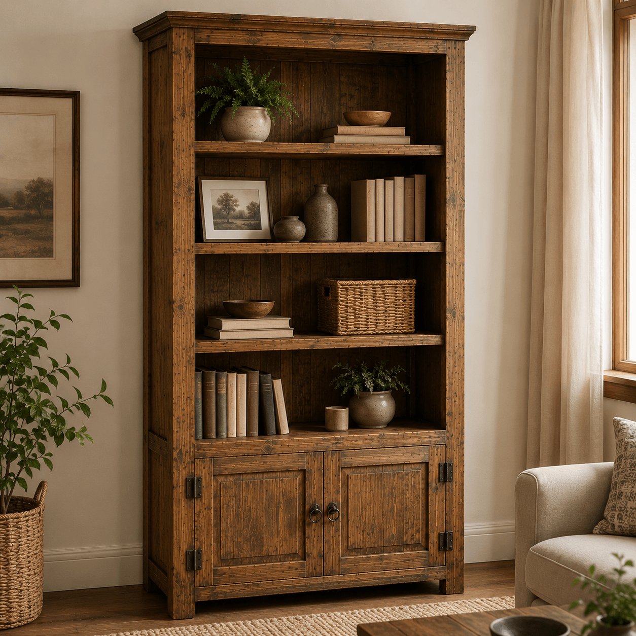 Wooden bookshelf with decorative items in a room with a sofa and plant.