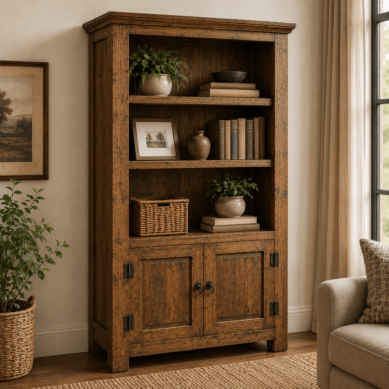 Wooden bookshelf with decorative items in a living room setting