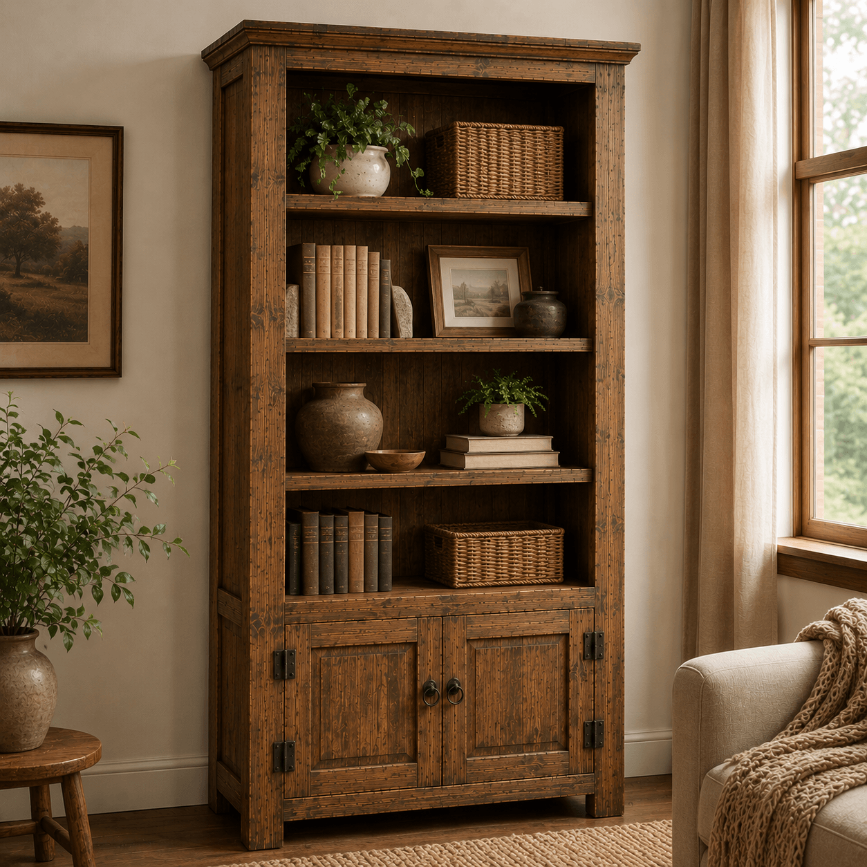 Wooden bookshelf with decorative items in a cozy room with a window and framed picture.