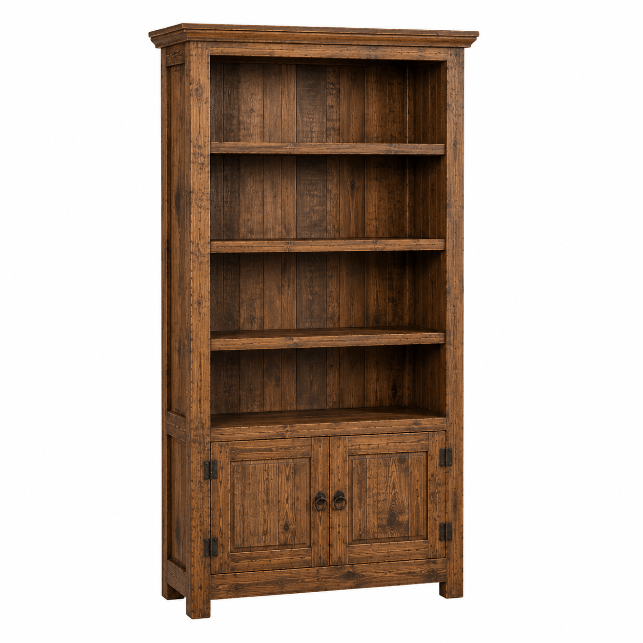 Wooden bookshelf with four shelves and two doors on a white background
