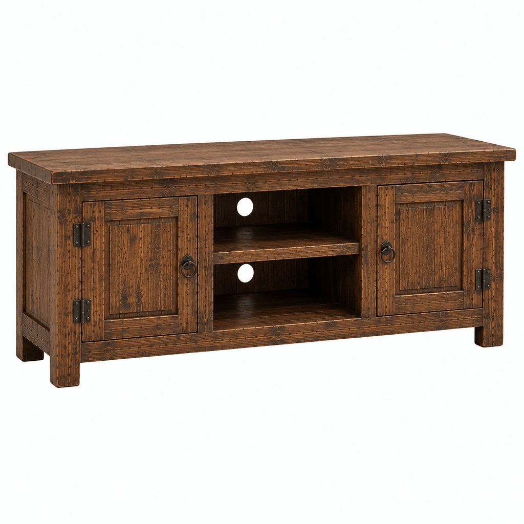 Wooden TV stand with a rustic design on a white background