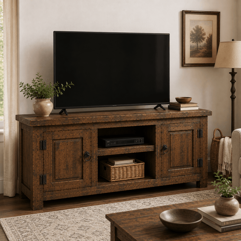 Wooden TV stand with a television in a living room setting.