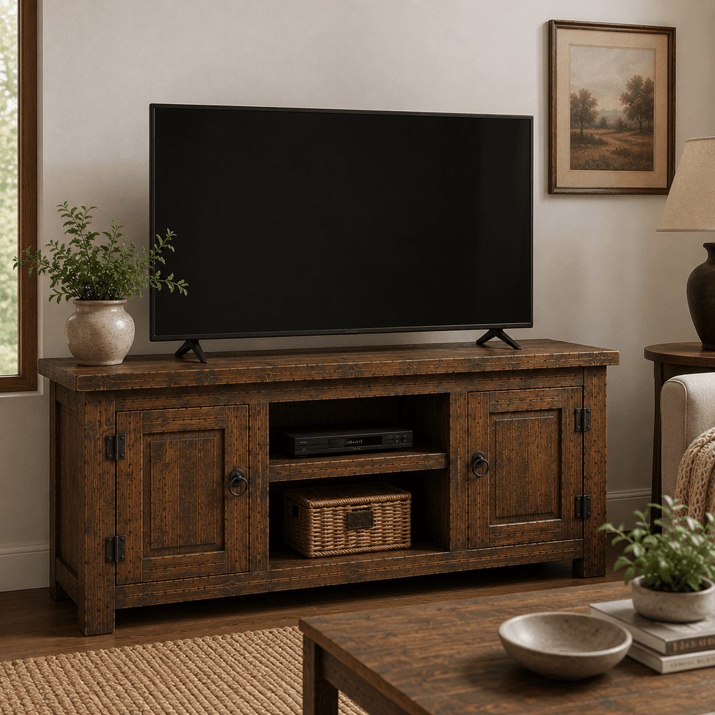 Wooden TV stand with a television in a living room setting.