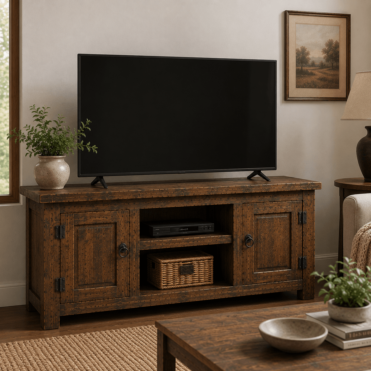 Wooden TV stand with a television in a living room setting.