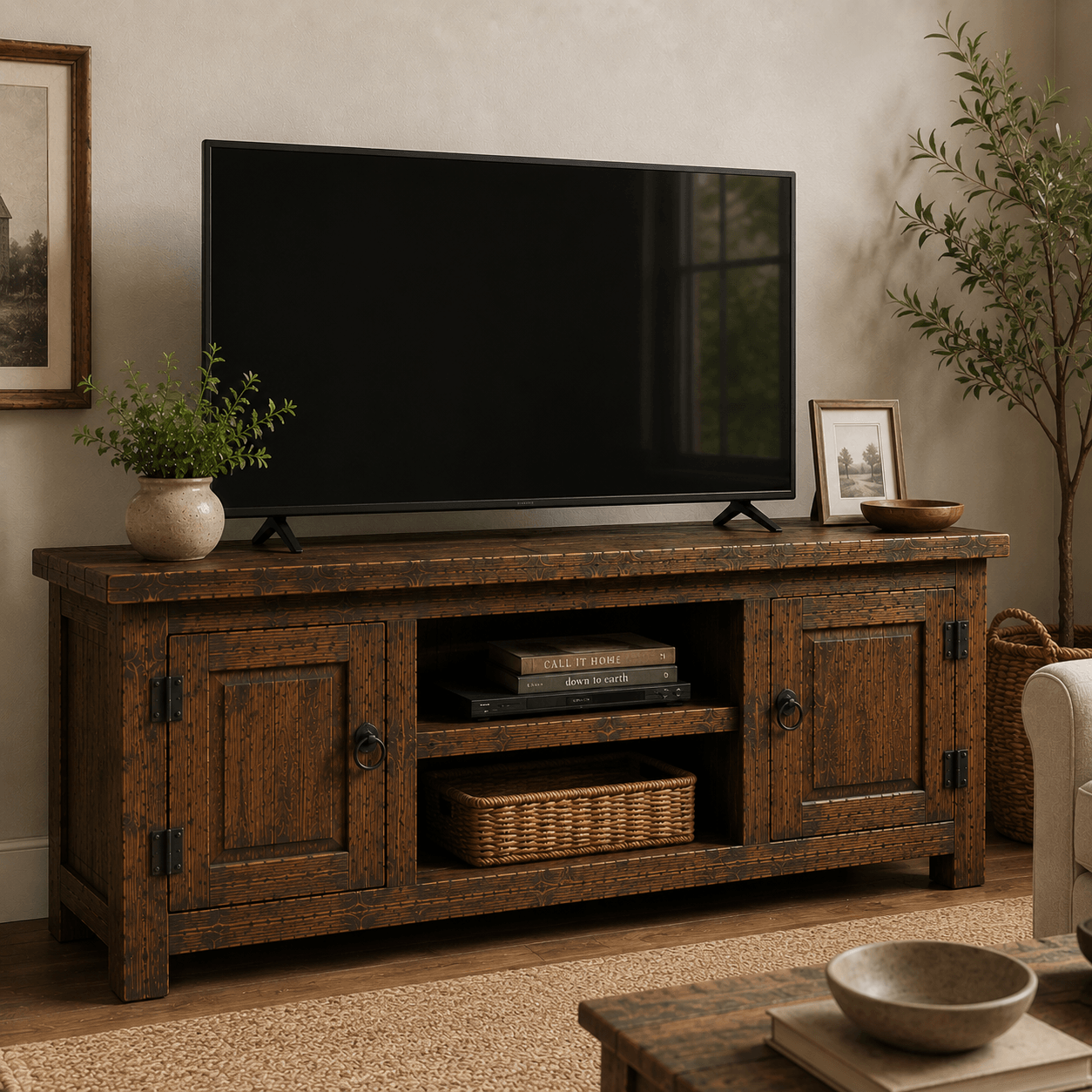 Wooden TV stand with a television in a living room setting.