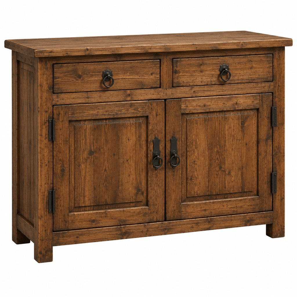 Wooden sideboard with two drawers and two doors on a white background