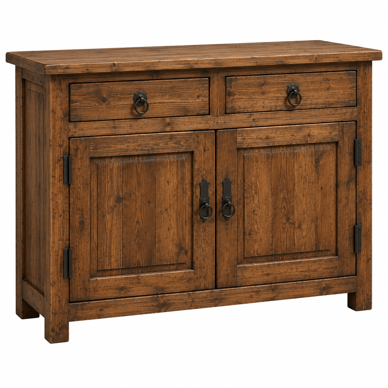 Wooden sideboard with two drawers and two doors on a white background