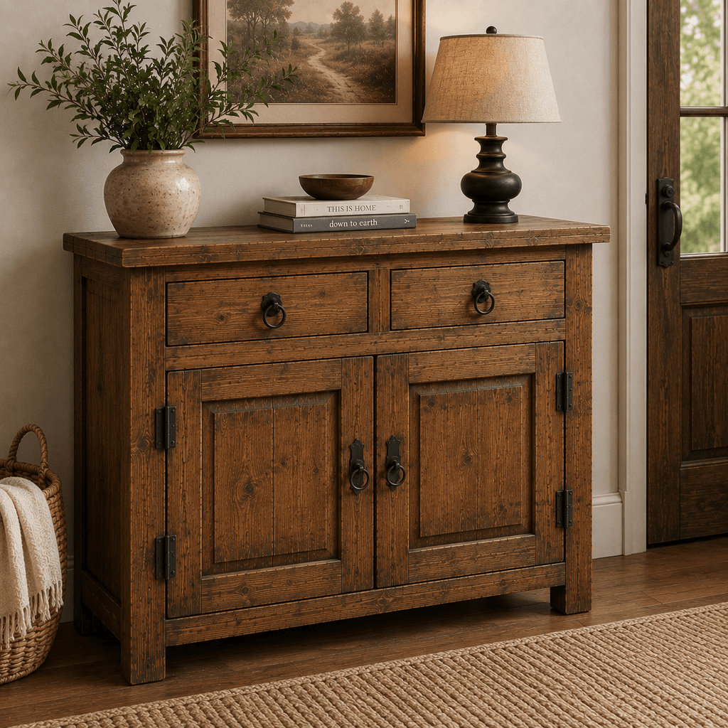 Wooden sideboard with decorative items in a room with a painting and lamp.