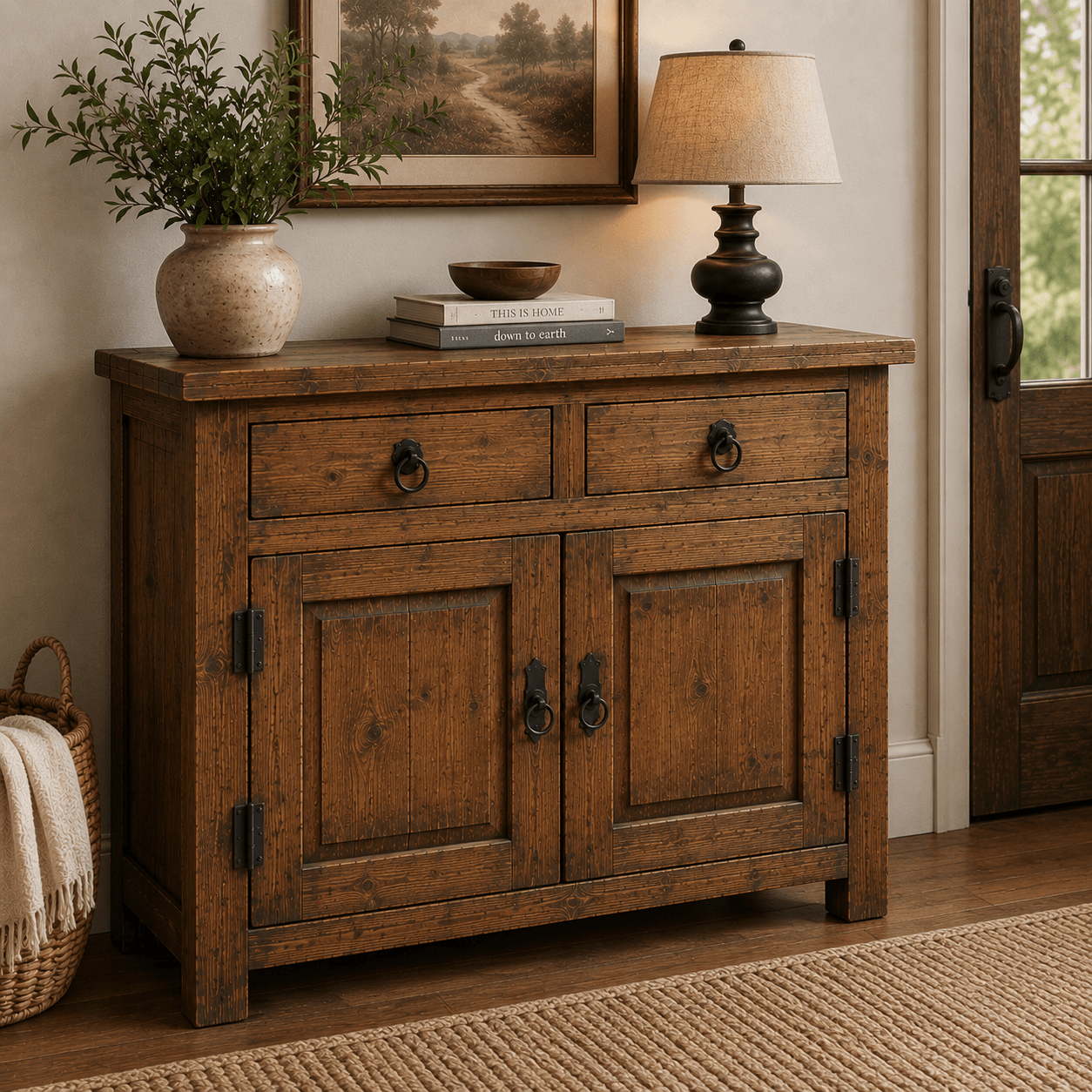Wooden sideboard with decorative items in a room with a painting and lamp.