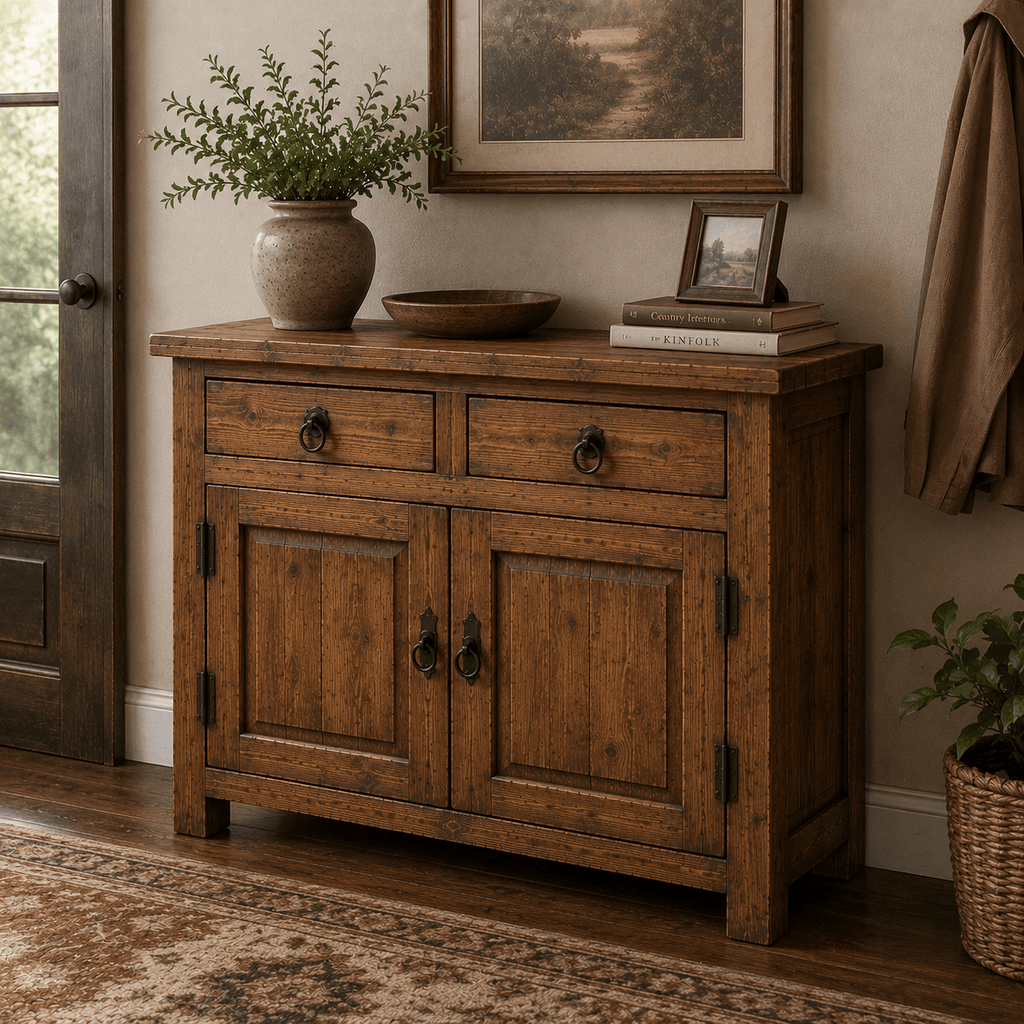 Wooden sideboard with decorative items in a room with a painting and rug.