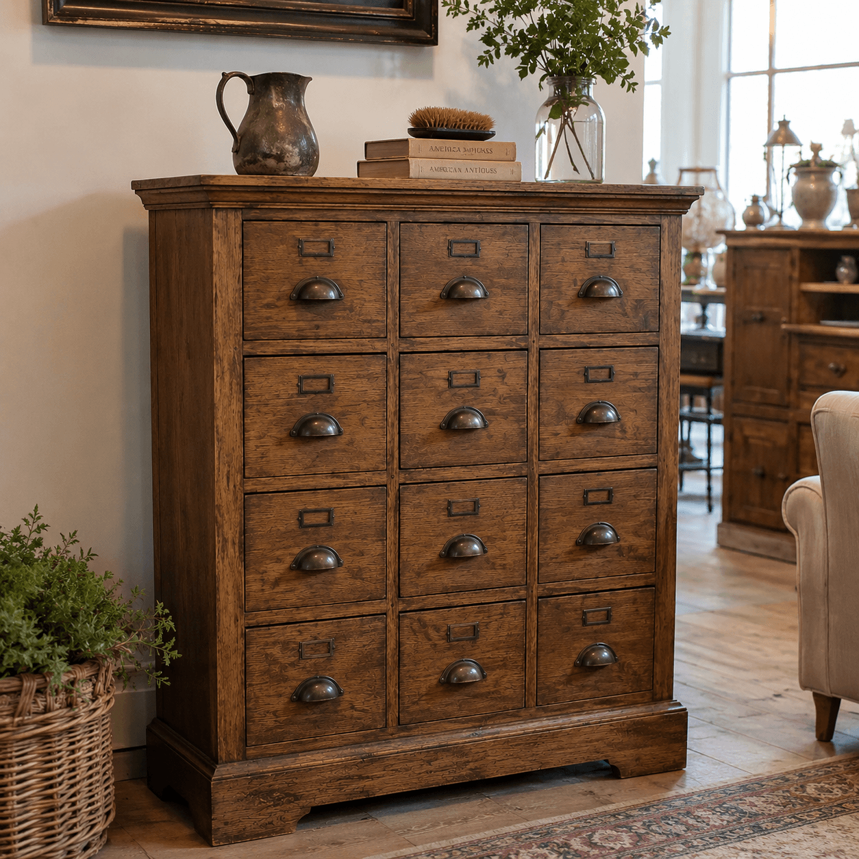 Wooden dresser with multiple drawers in a room with furniture and decor.