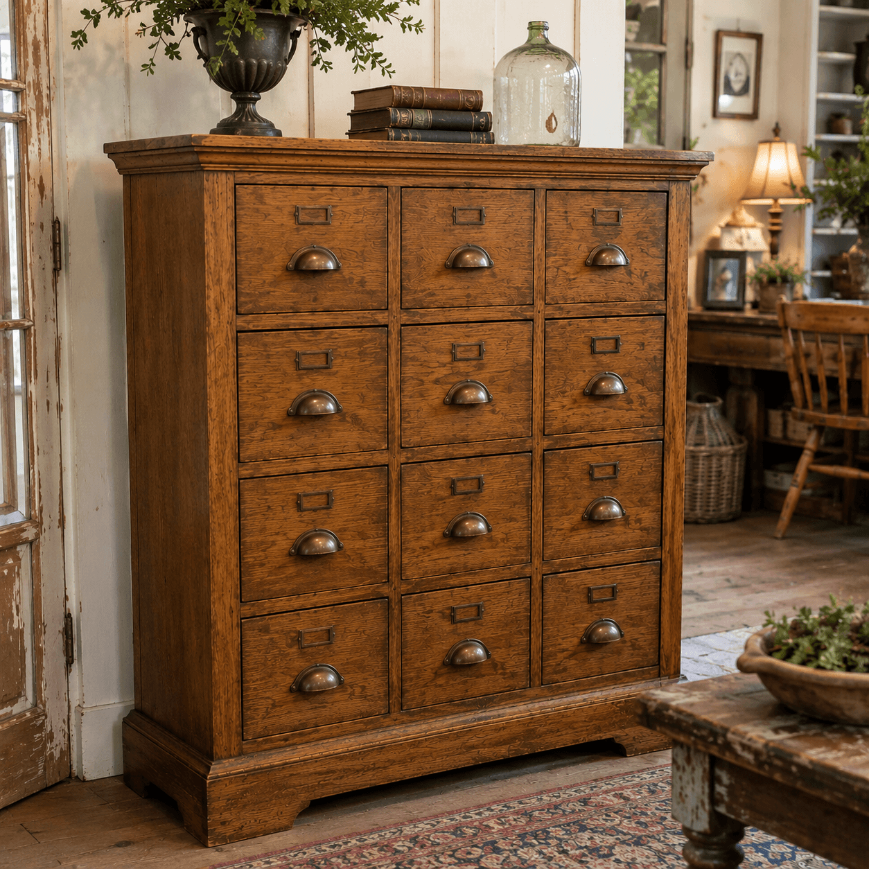 Wooden dresser with multiple drawers in a room with decor elements.